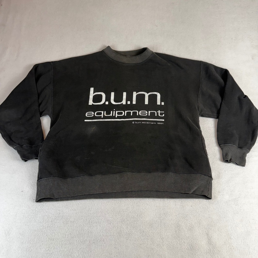 Vintage 1991 B.U.M. Equipment Sweatshirt Faded Black Distressed Crewneck Mens L